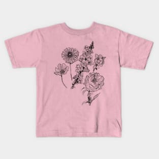 Flower Sketch Illustration - Gerbera, Snapdragon, Rose, Plum Blossom, Cosmos Kids T-Shirt